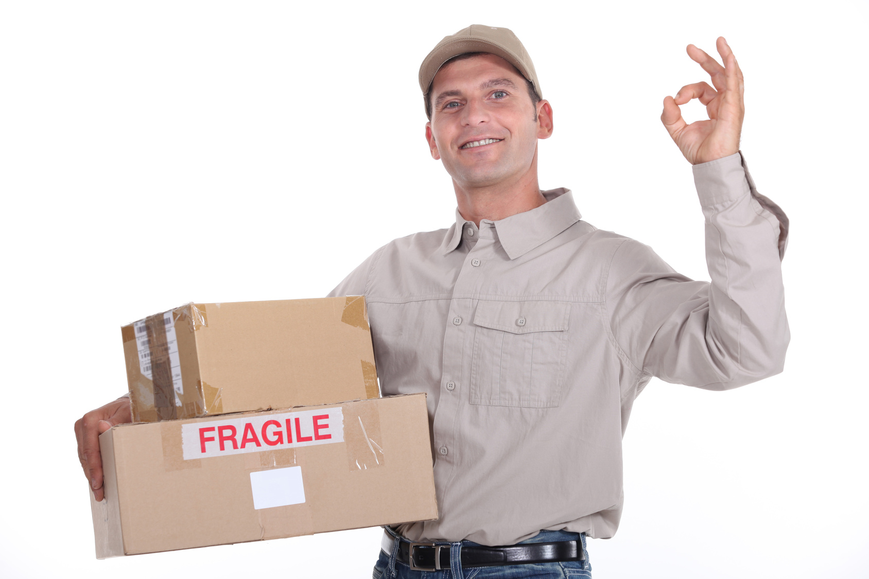 Delivery Man Holding Packages And Doing The Okay Sign